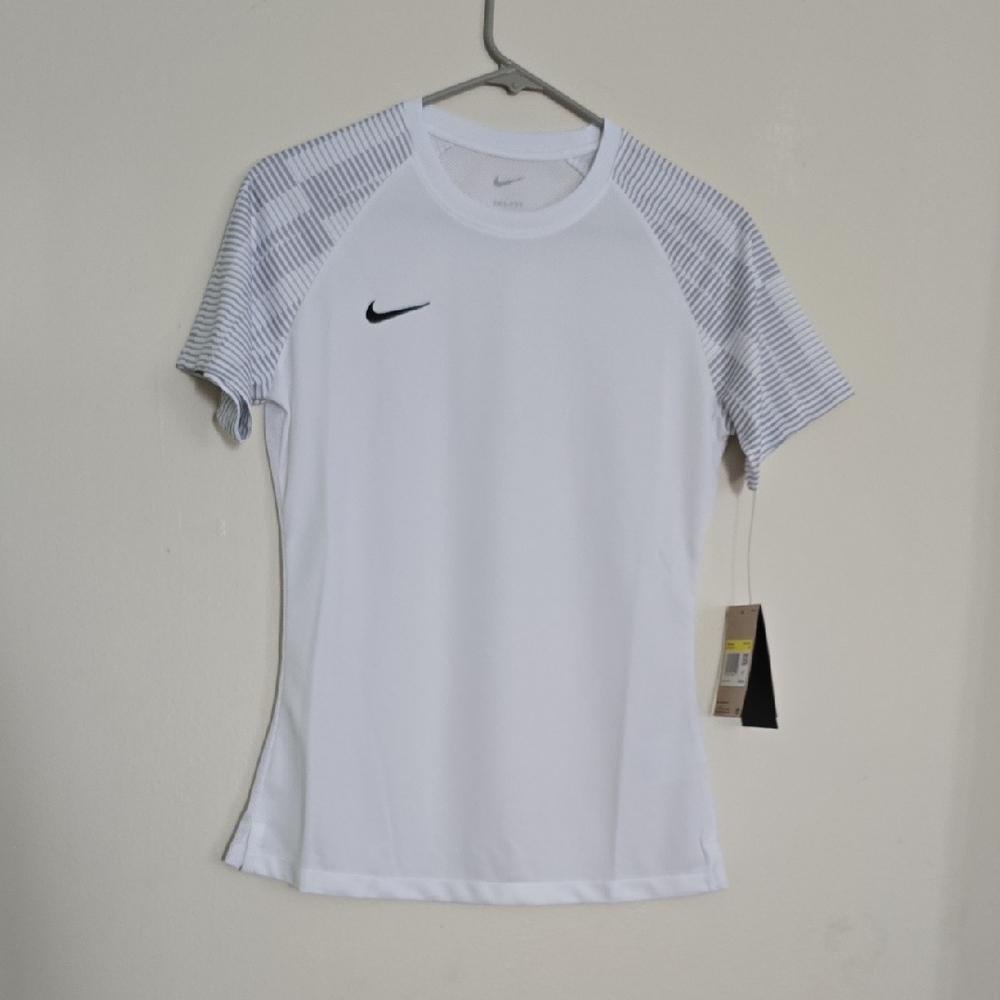 Nike White Athletic Tee with Gray Striped Sleeves